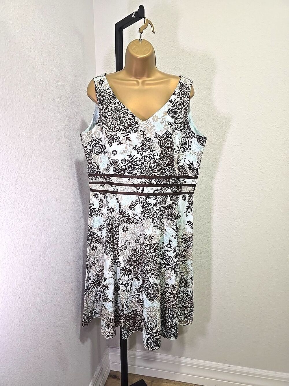 Fit Flare Paisley Sleeveless Sun Dress 16 Petite Blue Brown Cottage Bows Brunch